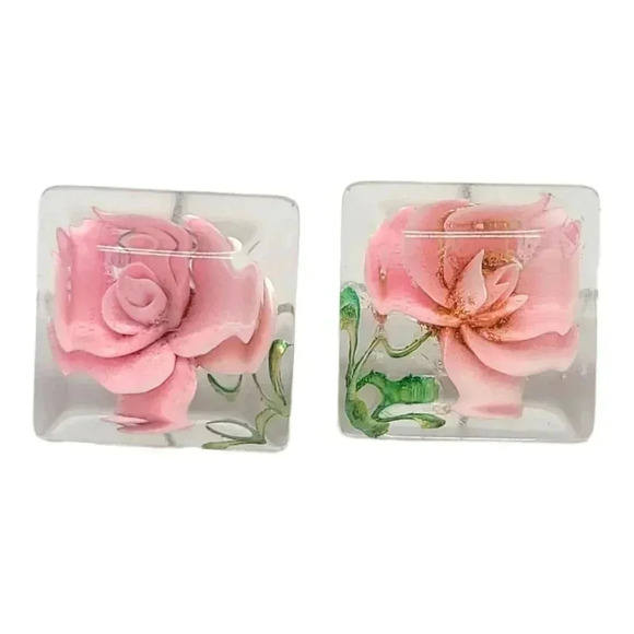 Clear Lucite Square 3D Pink Flower Post Back Earrings Vintage 0.75" x 0.75" - Picture 1 of 5